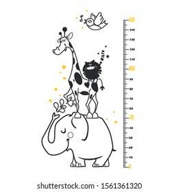 Kids height ruler with a elephant, a hippo, a giraffe, a cat for wall decals, wall stickers - Vector