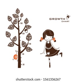 Kids height ruler with a girl, a tree and a snail for wall decals, wall stickers - Vector