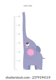 Los niños pesan la regla en pulgadas con elefante para medir el crecimiento. Dibujo animado alegre de la ilustración del vector animal alto aislado en el fondo blanco. Pegatina de pared para niños en kindergarten o en casa.