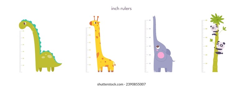 Kids height ruler in inches for growth measure. Cute animals set vector illustration for kindergarten or home. Wall sticker with cheerful giraffe, dinosaur, elephant and pandas.