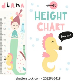 Kids height scale with cute little mermaid. Heights for school, kindergarten, nursery design. Vector illustration.