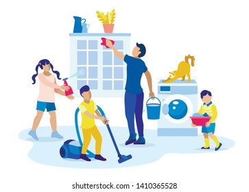 Kids Help Father in Housekeeping. Family Duties Division. Dad Washing Window, Two Sons Vacuuming and Carrying Wet Laundry, Daughter Dusting. Flat Cartoon Parent and Children. Vector Illustration