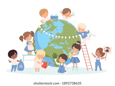 Kids Help Save the World, Children Cleaning up Wasteson the Earth, Nature and Ecology Protection, Happy Earth Day Concept Cartoon Style Vector Illustration