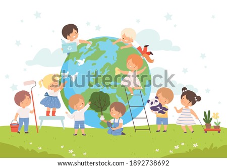 Kids Help Save the World, Children Volunteers Cleaning up Wastes and Plant Trees on the Earth, Nature and Ecology Protection Concept Cartoon Style Vector Illustration