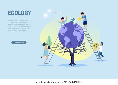 Kids Help Save World Environment. Children Volunteer Showering, Plant Tree And Use Alternative Energy To Eliminate Waste And Pollution. Ecology Protection In Next Generation, Earth Day Concept.