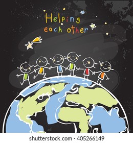 Kids helping each other, global friendship, unity concept vector illustration. Children being together, teamwork. Chalk on blackboard sketch, hand drawn doodle.