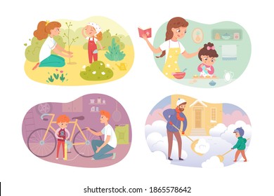 Kids helping parents set. Girls and boys help mother, father and brother with housework. Childhood helpers vector illustration. Cooking with mom, planting tree, removing snow, repairing bike.