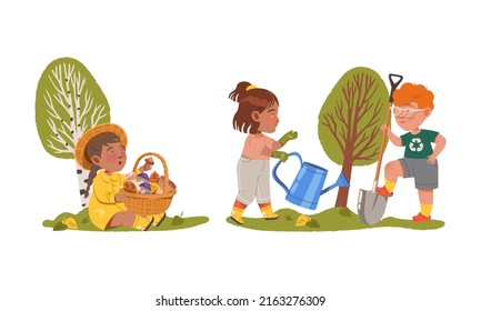 Kids helping save the world set. Children picking mushrooms and planting tree. Nature and ecology protection cartoon vector illustration