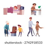 Kids helping. Well behaved little characters helping parents or adults exact vector cartoon people