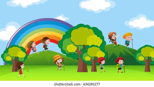 Kids hiking up the hills illustration