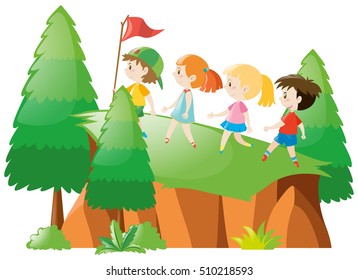 Kids hiking up the mountain illustration