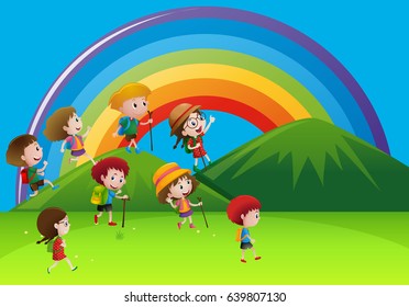 Kids hiking up the mountains illustration