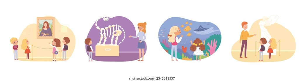 Kids in history, culture and art museum set vector illustration. Cartoon isolated excursion scenes with children watching gallery of paintings, dinosaur skeleton and ancient statue, fishes in aquarium