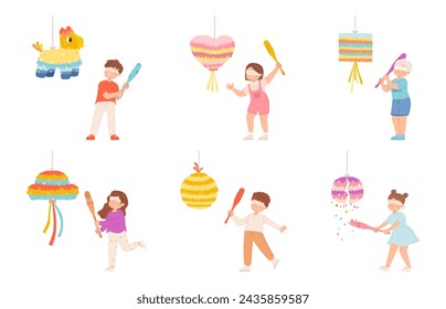 Kids hitting pinata. Children striking pinatas with confetti and candies. Childish birthday party games, funny girl and boy with closed eyes. Snugly vector characters