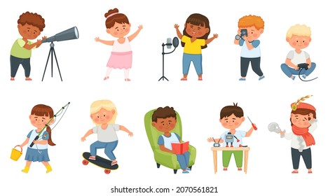 Kids Hobbies, Cartoon Children Doing Different Creative Activities. Child Characters Singing, Reading, Skateboarding, Building Robot Vector Set. Boys And Girls Spending Leisure Time