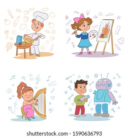 Kids hobbies cartoon illustrations set. Cooking, art, music, engineering. Male and female children at master classes characters. Childish club, profession learning, leisure and pastime