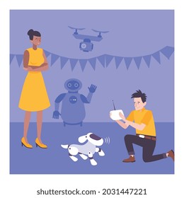 Kinderhobbies-Komposition mit glücklichem Jungen, der an Robotik interessiert ist, flache Vektorgrafik