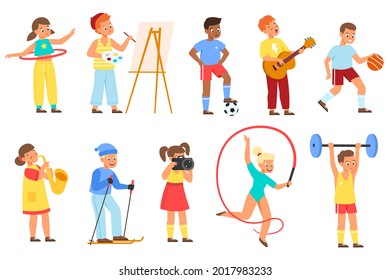 Kids hobbies. Young athletes, musicians and artists, teenagers hold different objects, children activities and interests. Sports, drawing and leisure time. Vector cartoon flat isolated set