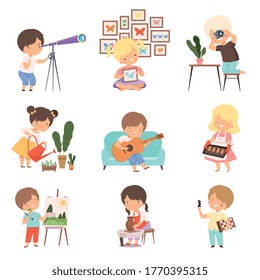 Kids Hobby or Creative Activities Set, Cute Boys and Girls Watching through Telescope, Collecting Butterflies, Photographing, Playing Guitar, Baking Cookies Cartoon Vector Illustration