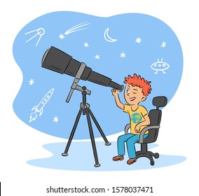 Kids hobby and cute boy astronomer with telescope cartoon. Astronomy occupation. Children science. Clever little male researcher character observing sky and cosmic space. Vector flat illustration