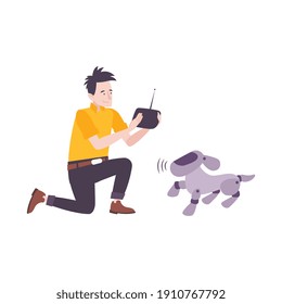 Kids hobby flat composition with character of teenage boy with remote and dog robot vector illustration