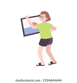 Los niños hobby la composición plana con el carácter del marco de retención de adolescente con la ilustración del vector de imagen