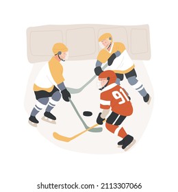 Kids hockey game abstract concept vector illustration. Group of kids in helmets playing ice hockey together on the rink, people active lifestyle, winter extreme sports abstract metaphor.