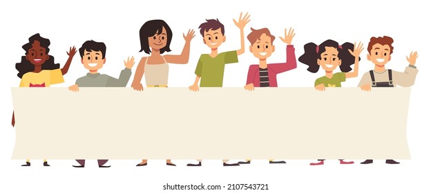 Kids hold blank banner or poster, waving hand, greeting gesture. Group of smiling happy schoolchildren with raised hands saying hello goodbye. Flat vector illustration isolated on white