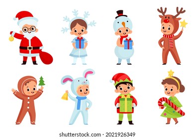 Kids hold christmas gifts. Smiling boys and girls in new year holiday costumes with different presents and xmas elements. Santa claus, deer and elf, Vector cartoon flat style isolated set