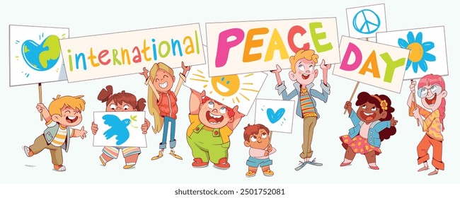 Kids hold up drawn posters on the theme International day of peace. Children pencil doodles. Colorful cartoon character. Funny vector illustration. Isolated white background