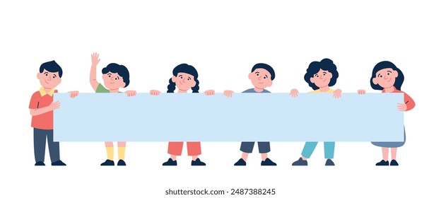 Kids hold empty banner. Kindergarten group with blank placard on demonstration. Advertising horizontal paper board, children recent vector scene