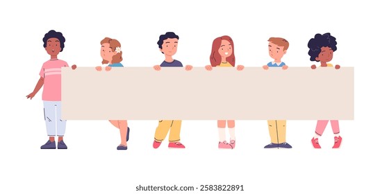 Kids hold long banner. Cartoon children hold big blank placard, school kindergarten child holding billboard together for game advertising preschool presentation vector illustration original artwork