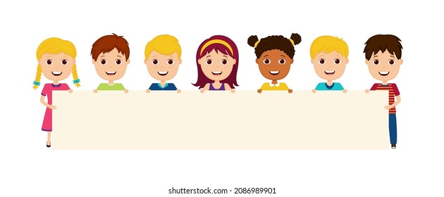 Kids hold placard. Children holding blank banner. ​Cartoon illustration with little boys and girls for showing of placard. Happy and cute childs with poster for school, group and kindergarten. Vector.