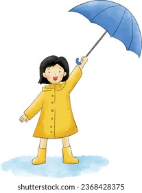 kids hold umbrella, watercolor vector hand drawing