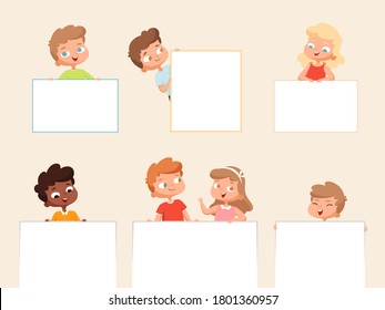 Kids holding banner. Empty posters or frames for text blank banner with happy smiling children vector portraits of kids boys and girls