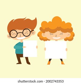 Niños sosteniendo pancartas. Niño vectorial con pancarta vacía, niño de la escuela de dibujos animados y tabla de texto