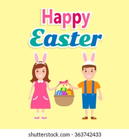 kids holding basket with easter eggs. happy easter