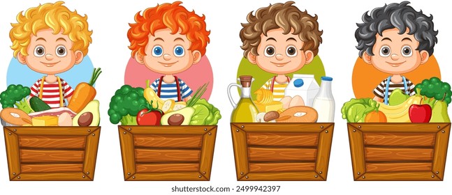 Kids holding baskets of fresh vegetables and groceries