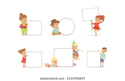 Kids Holding Blank Banners Collection, Happy Adorable Boys and Girls with Empty White Posters Vector Illustration