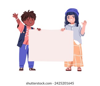 Kids holding blank paper banner, horizontal placard in hands. Happy children friends, boy and girl showing empty clean space for advertisement. Flat vector illustration isolated on white background