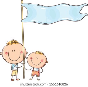 Kids holding a blue flag with a pattern and copy space