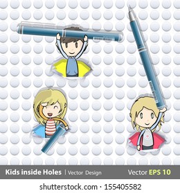 Kids holding blue pen inside hole papers. Vector design. 
