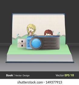 Kids holding blue pendrive on book. Vector design