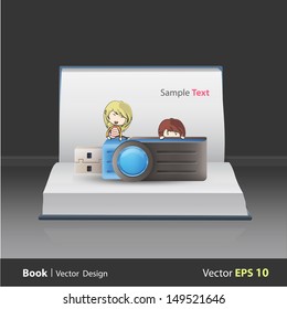 Kids holding blue pendrive on book. Vector design