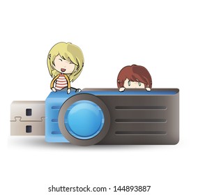 Kids holding blue pendrive. vector design