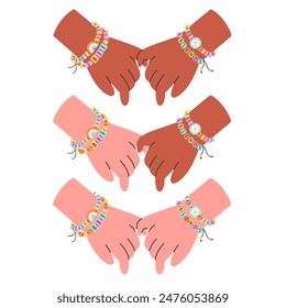 Kids holding by hands and wearing handmade friendship bracelets with plastic beads. Vector illustration in flat style