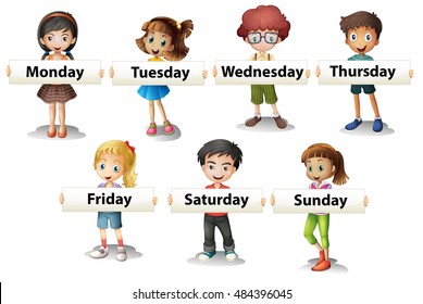 Kids holding cards saying days of the week illustration