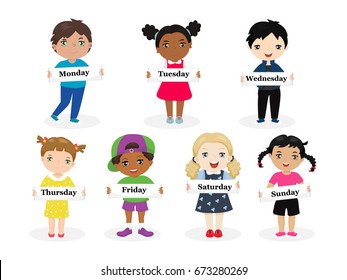 Kids Holding Cards Saying Days Of The Week Illustration. Funny Kids Of Different Races With Various Hairstyles. 