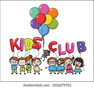 Kids Holding Kids Club Text Balloons Cartoon Vector