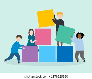 Kids holding colorful blocks illustration